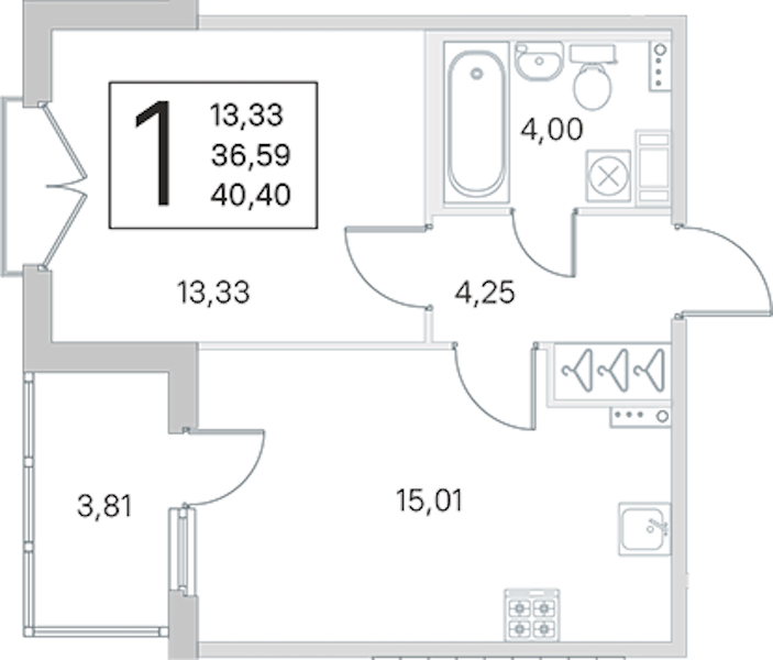 1-комнатная квартира 36.59 м², 4/4 эт., ЖК «Любоград в Стрельне»